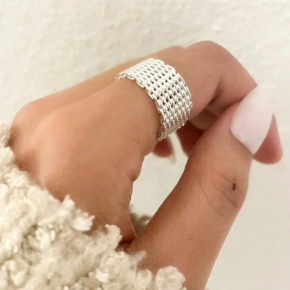 925 Sterling Silver Mesh Ring Weave Ring Woven Ring Band Everyday Ring - Picture 5 of 8